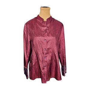 April Cornell Shiny Burgundy Button Up w/ Velvet Cuffs Sz S